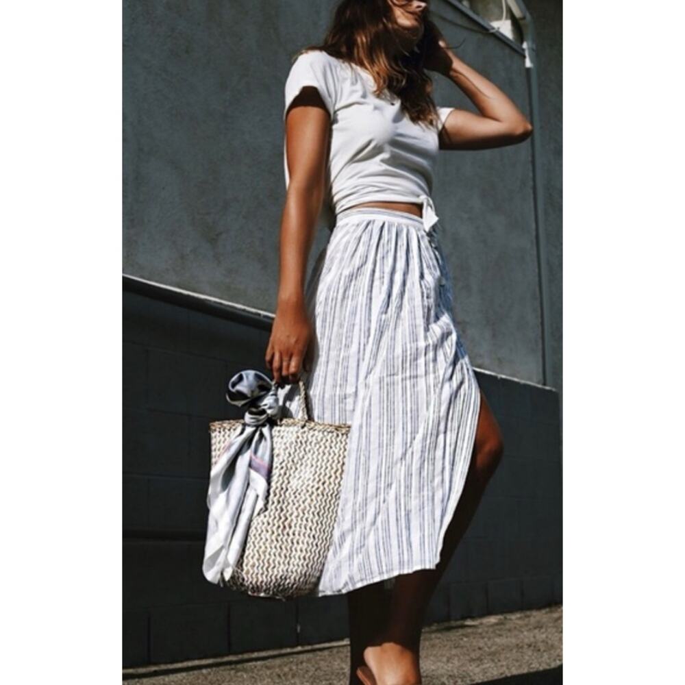Avec Les Filles Carina White Blue Stripe Side Button Wrap Midi Skirt M